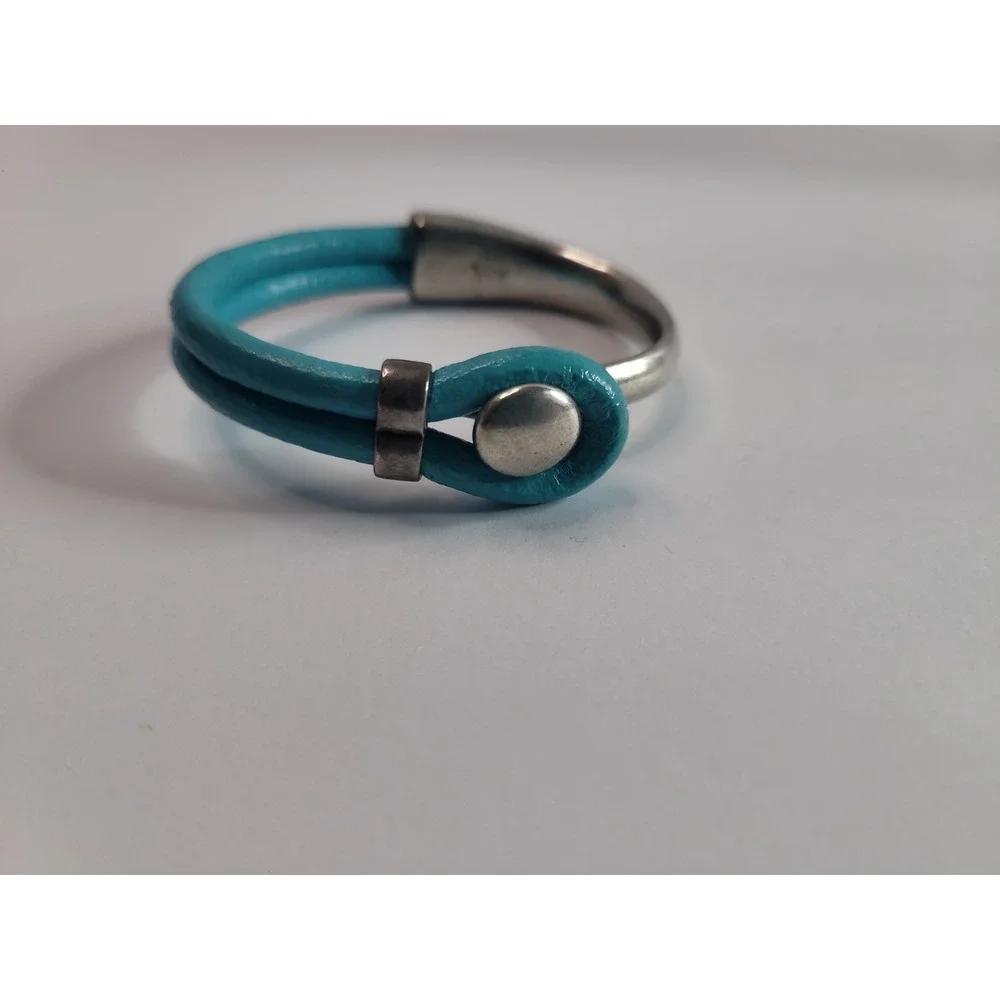 Blue Faux Leather Silver Tone Mixed Media Cuff Bracelet Modern Statement Jewelry